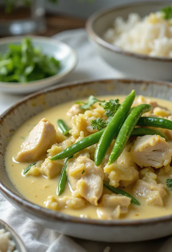 Curry verde tailandés con pollo y arroz servido