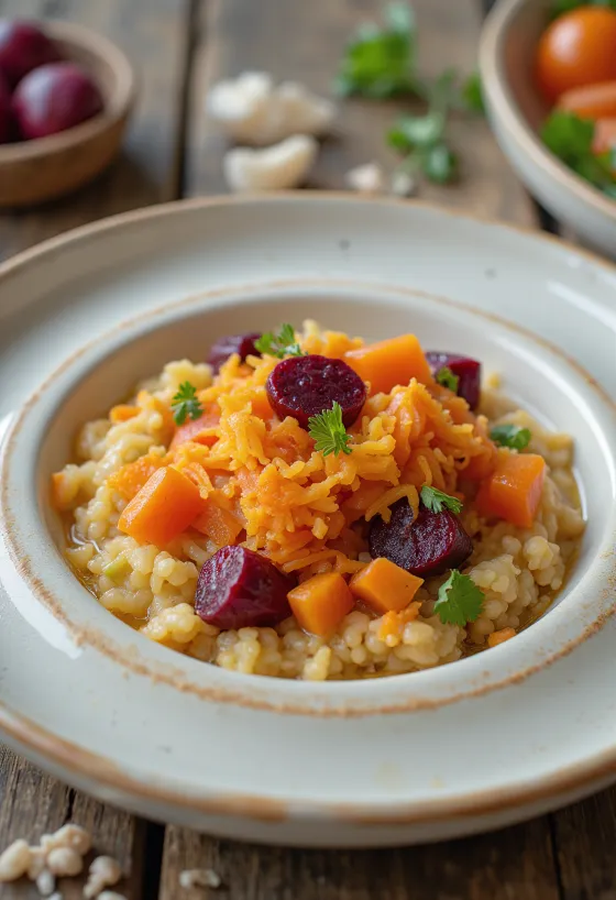 Açorda de verduras, en cuenco decorado con perejil