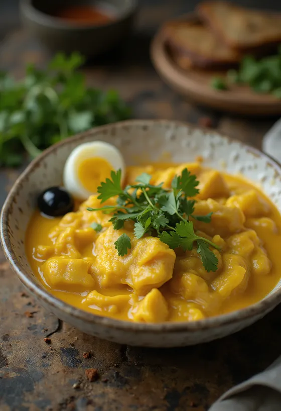 Plato de ají de gallina cremoso sobre arroz blanco