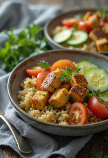 Tofu a la parrilla servido con ensalada de quinoa