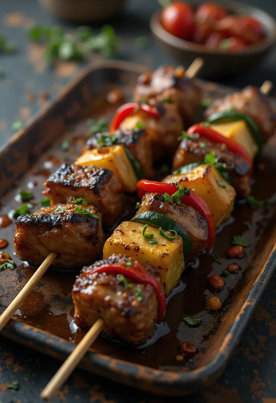 Brochetas de canguro con salsa de chile dulce servidas en una fuente rústica