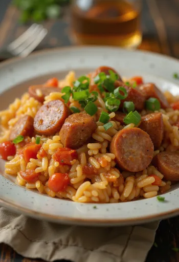 Jambalaya de salchicha ahumada servida en un bol decorada con perejil