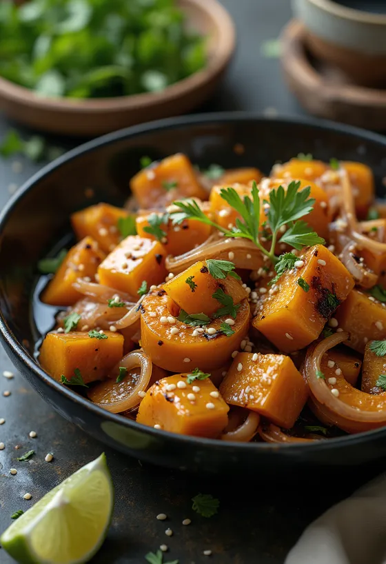 Wok de calabaza y tofu a la lima