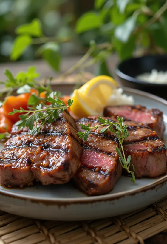 Filetes de emú a la parrilla servidos en plato rústico