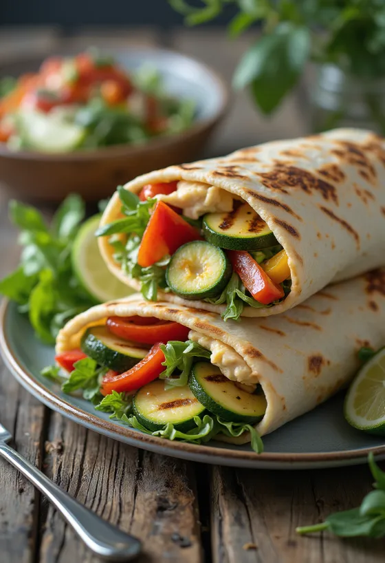 Wrap de verduras a la parrilla con hummus y rúcula