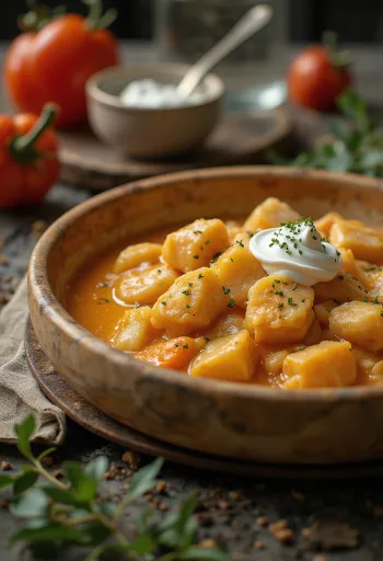 Estofado de pescado al pimentón servido con pasta casera