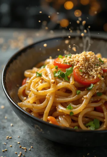 Japchae con aceite de sésamo, fideos de batata y verduras