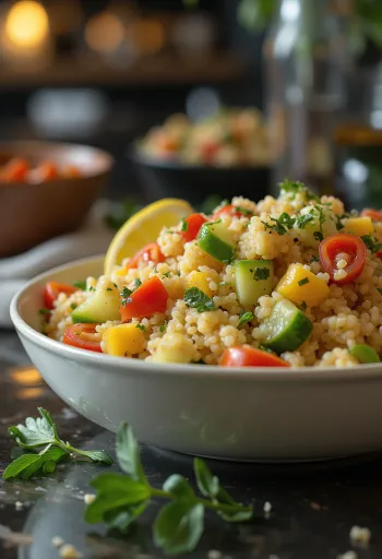Ensalada de cuscús fresca servida con verduras coloridas y hierbas aromáticas.