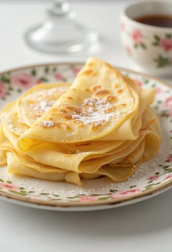 Crêpes recién hechas doradas, espolvoreadas con azúcar glas