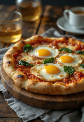 Pizza alla Bismark servida con huevo fresco y espinacas