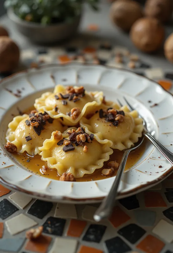 Raviolis de avellana tostada emplatados