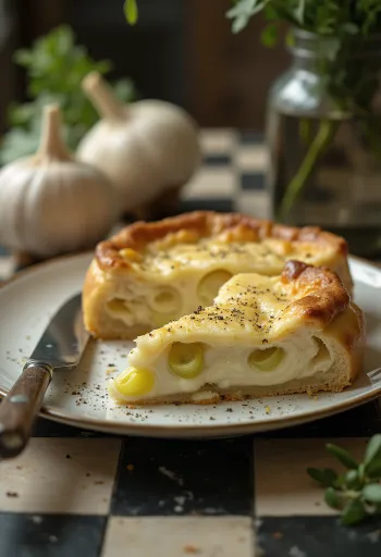 Porciones de pastel cremoso de puerro y ajo doradas al horno, servidas en plato claro