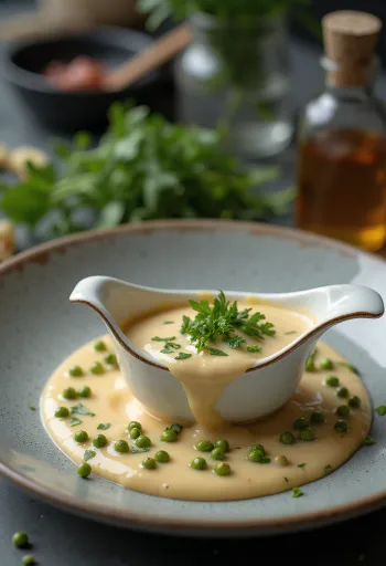 Salsa de pimienta verde al estragón servida