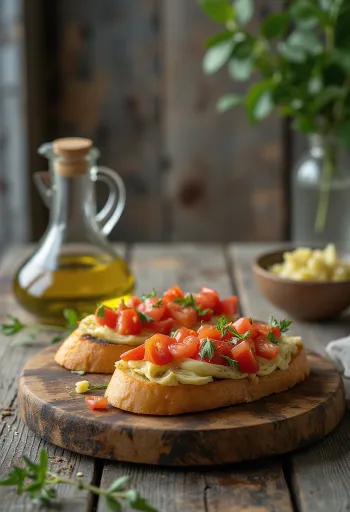 Bruschetta servida con alcachofas y queso feta sobre pan crujiente