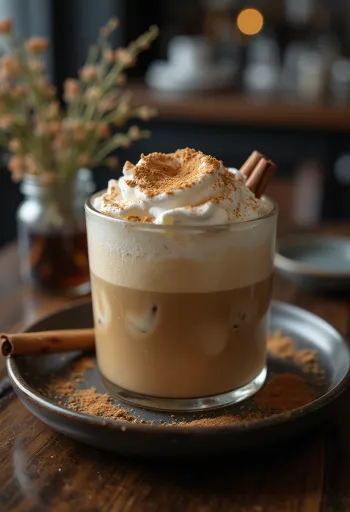 Frappé de canela y menta con nata montada, canela en rama y hojas de menta