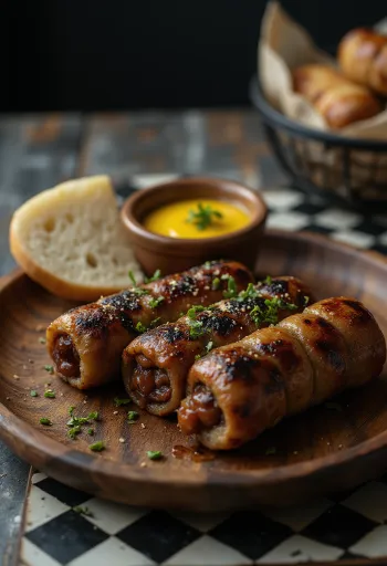 Mititei de cordero, carne jugosa frita en sartén con forma de salchicha, decorada con perejil fresco