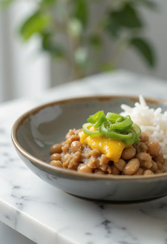 Natto servido con mostaza y cilantro