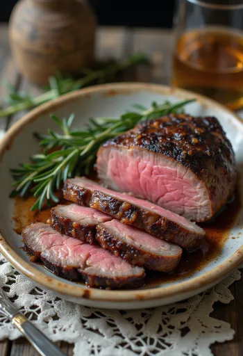Filete de venado ahumado con verduras asadas y romero