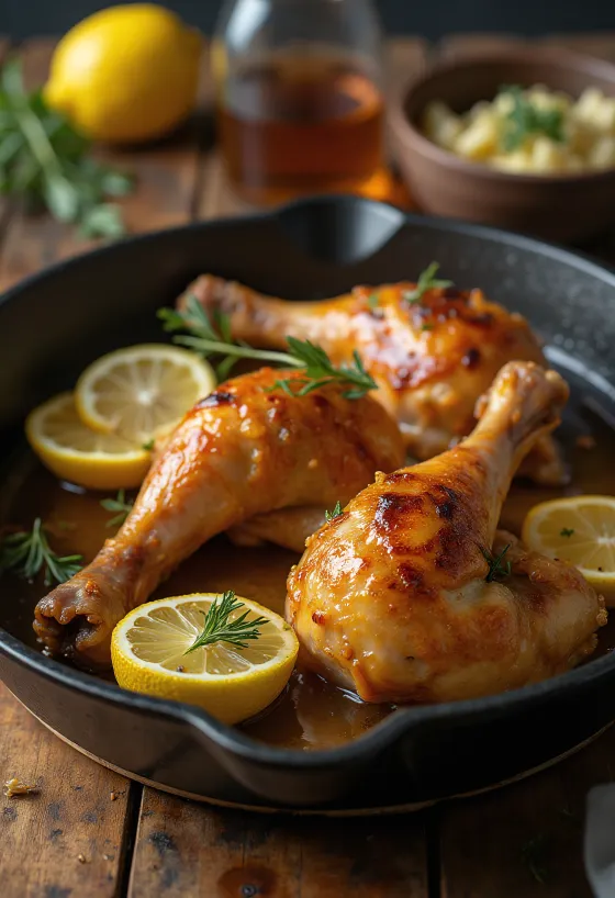 Muslos de pollo al horno dorados, con piel crujiente y decorados con hierbas frescas