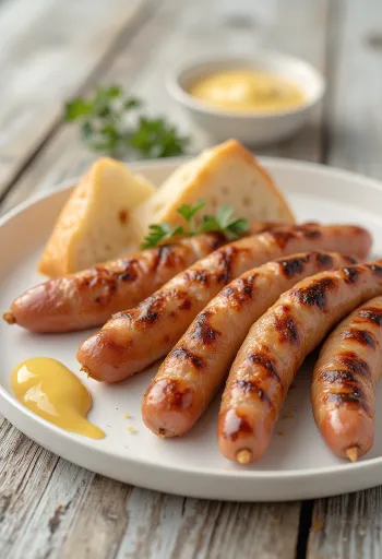 Salchichas asadas doradas con piel crujiente, servidas con mostaza y pan fresco.