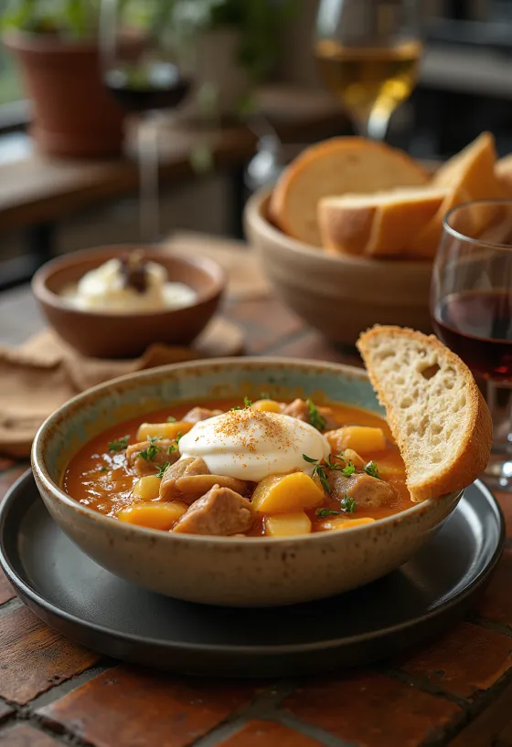 Székely káposzta tradicional con carne de cerdo jugosa y chucrut, servido con nata agria.