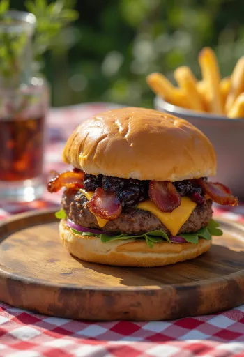 Hamburguesa con bacon y arándanos servida