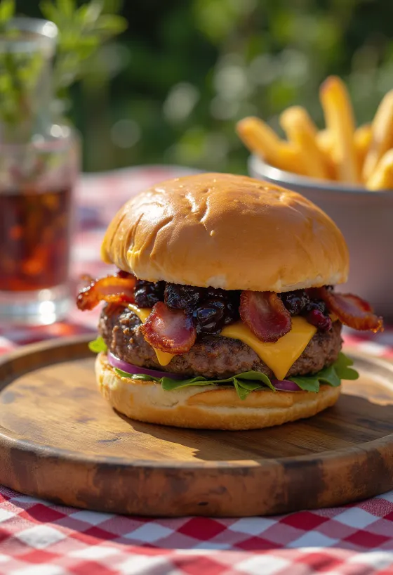 Hamburguesa con bacon y arándanos servida