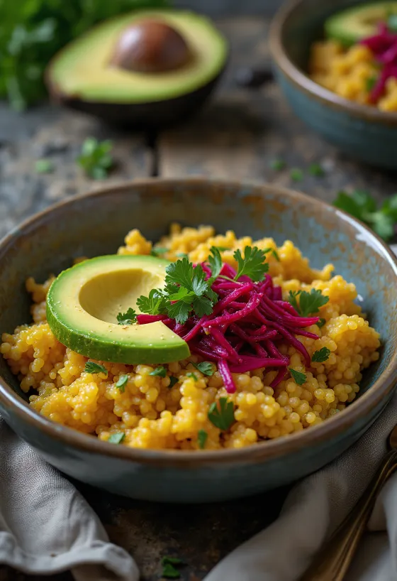 Buddha bowl de quinoa al curry con remolacha y aguacate