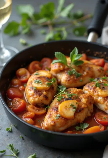 Pollo Cacciatore al ajo, servido con salsa de tomate y aceitunas