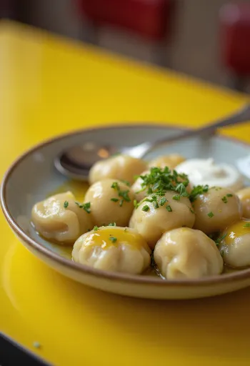 Saquitos de chuchvara cocidos espolvoreados con cilantro, servidos con salsa de yogur