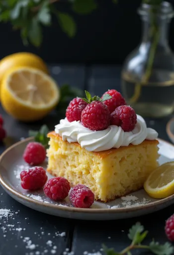 Tarta de limón y frambuesas con frutas frescas