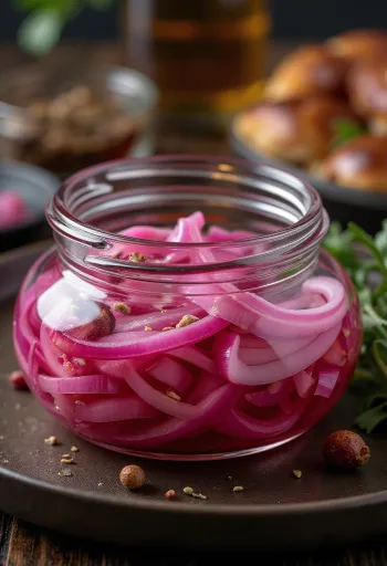 Cebolla morada encurtida picante servida en tarro