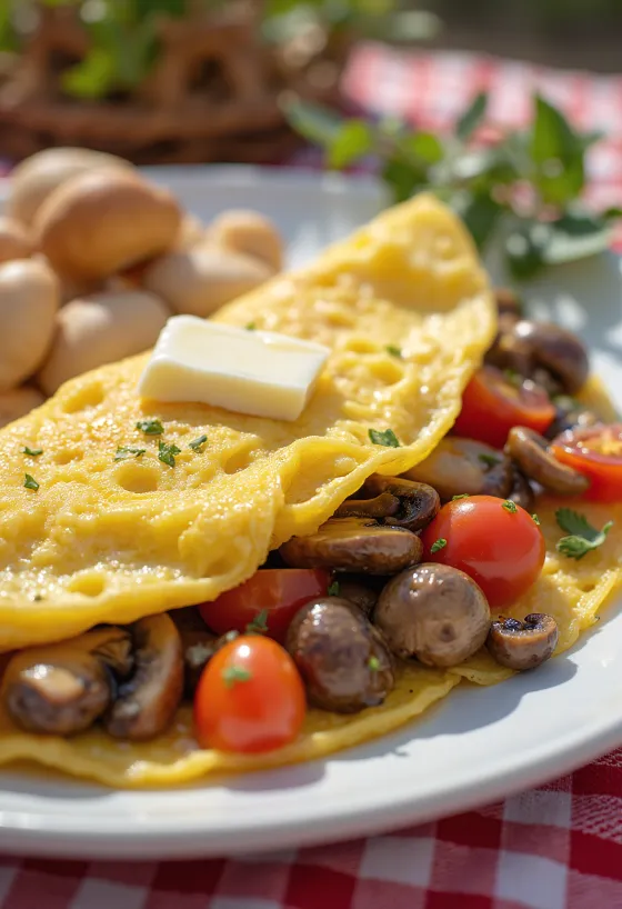 Tortilla de champiñones con tomate, decorada con perejil fresco