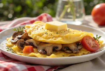 Tortilla de champiñones con tomate, decorada con perejil fresco