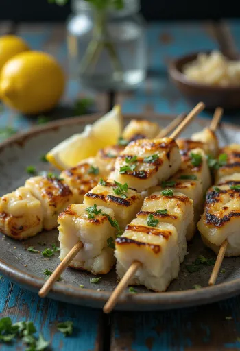 Carne de caimán a la parrilla servida con limón y verduras asadas