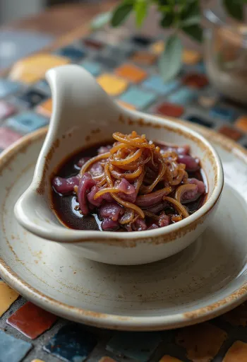 Salsa de vino tinto con cebolla caramelizada servida en salsera
