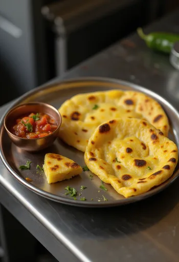 Makki ki roti con salsa picante, servido con cilantro fresco