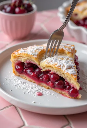 Pastel de cerezas casero y fresco espolvoreado con azúcar glas y con masa crujiente.