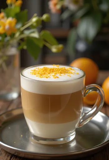 Latte de naranja y vainilla con nata montada y rodaja de naranja