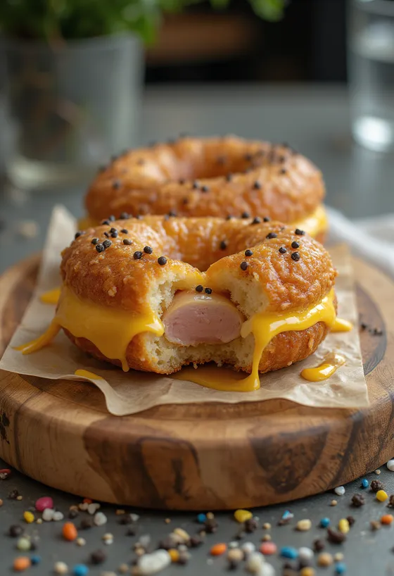 Donut de jamón y queso recién servido
