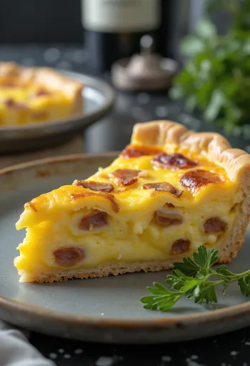 Quiche Lorraine clásica, en masa quebrada crujiente con relleno cremoso, trozos de bacon y queso.