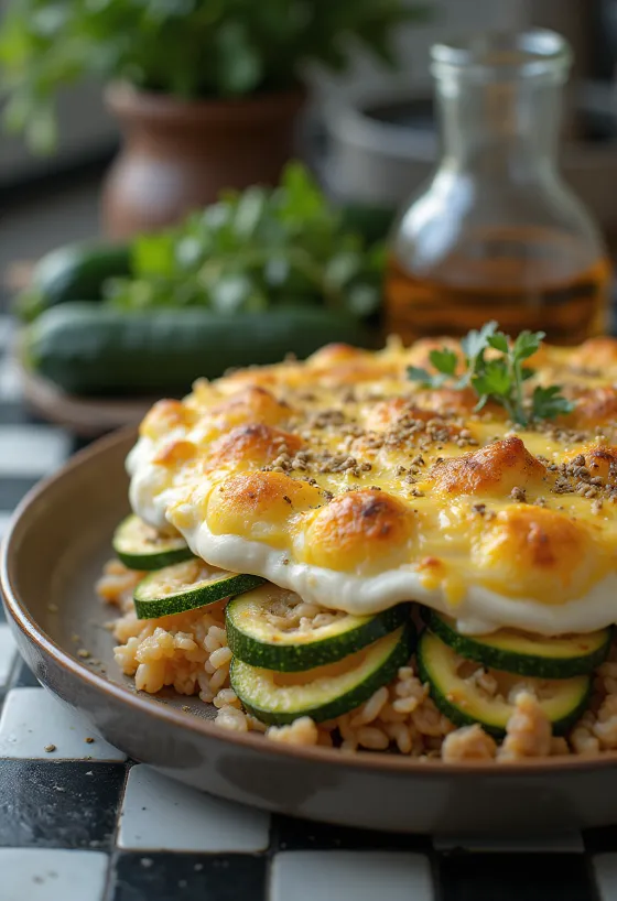 Pastel de calabacín con carne picada y arroz, con capa de nata dorada