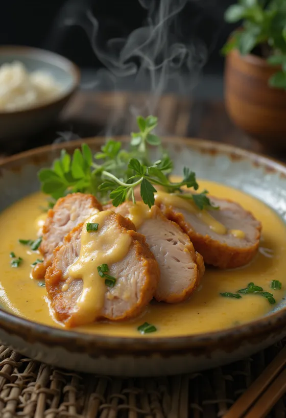 Lomo de cerdo en salsa de mostaza servido