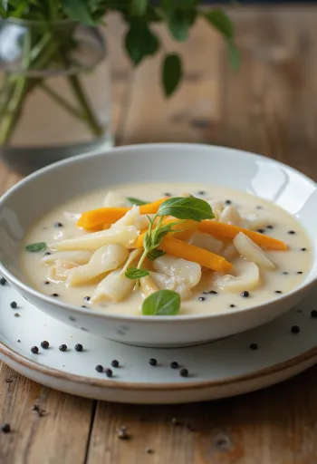 Shukto con leche, servido con verduras y salsa a base de leche