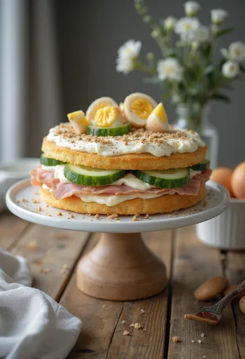 Smörgåstårta con jamón y pollo servida