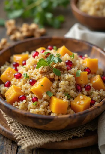 Ensalada de quinoa y calabaza con granada y nueces tostadas.