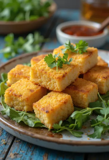 Tofu rebozado con harina de garbanzos, trozos de tofu crujientes servidos con cilantro fresco