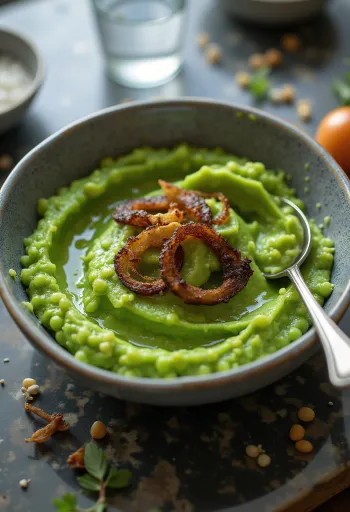 Puré de guisantes servido con cebolla crujiente