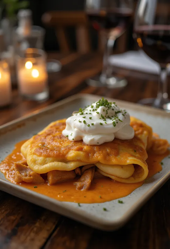 Crêpes de carne estilo Hortobágy servidos con nata agria y perejil fresco.