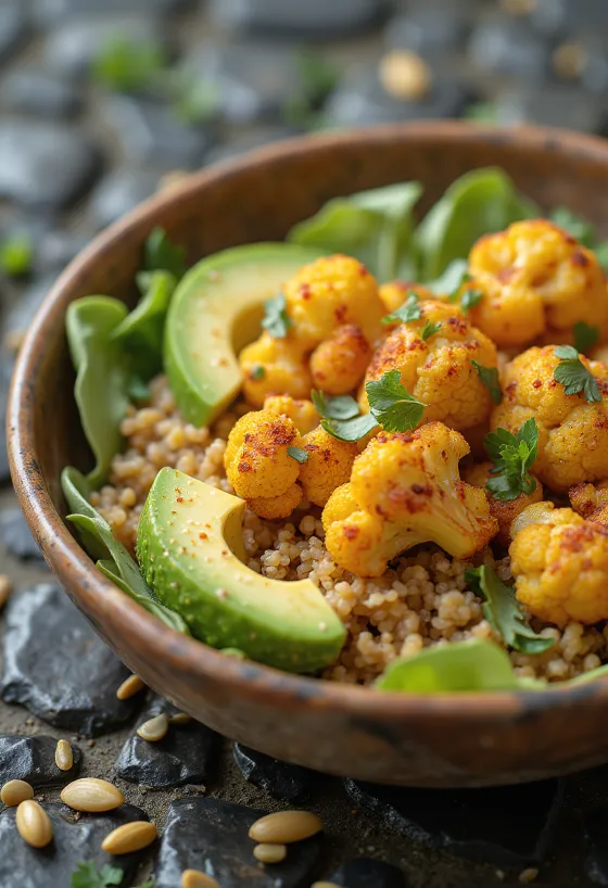 Buddha Bowl de coliflor picante servido